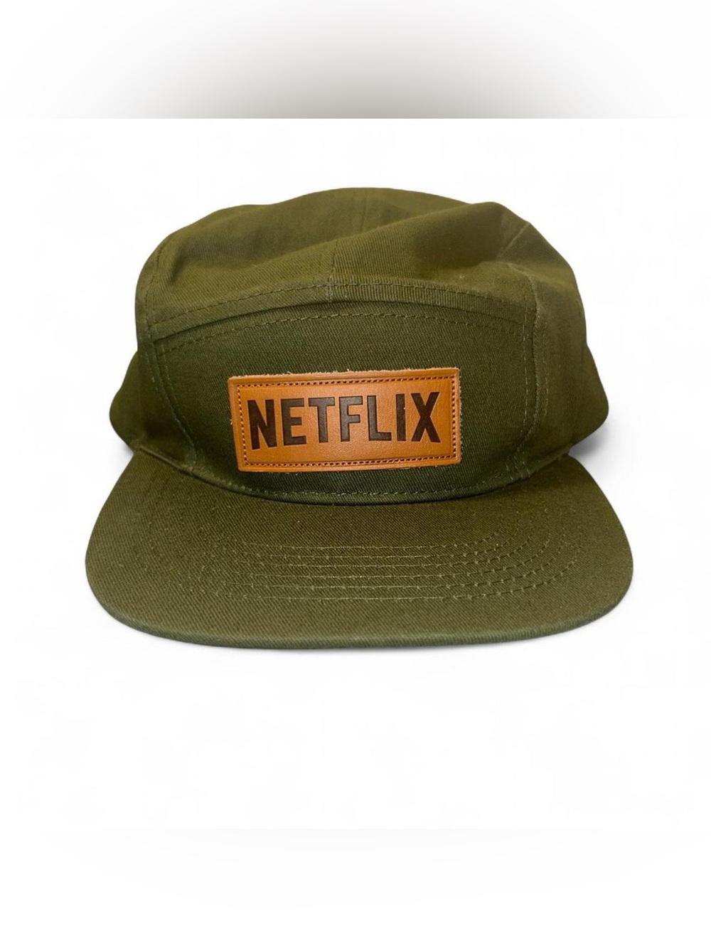 Netflix Olive Five-Panel Cap with Brown Leather Logo Patch